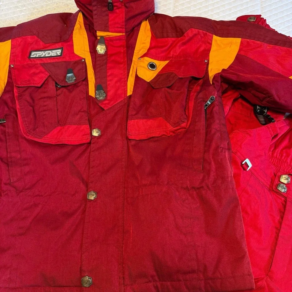 Vintage 1990's Spyder GII Red Yellow Hidden Hood Thinsulate Ski Jacket bibs set